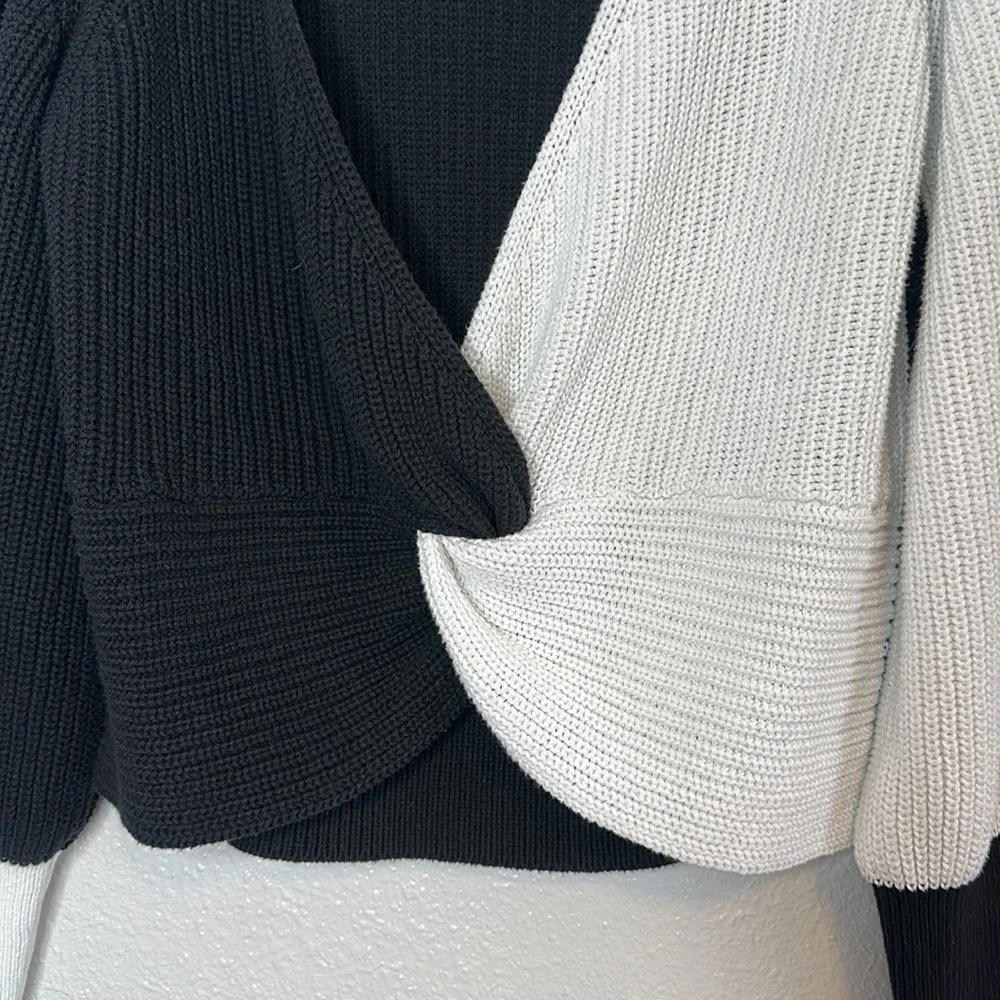 Colorblock Black and White Wrap Knit Sweater